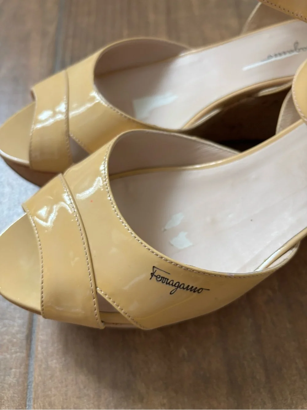 Salvatore Ferragamo Patent Leather My Sunset Cork Wedge Sandals Size 7.5 M